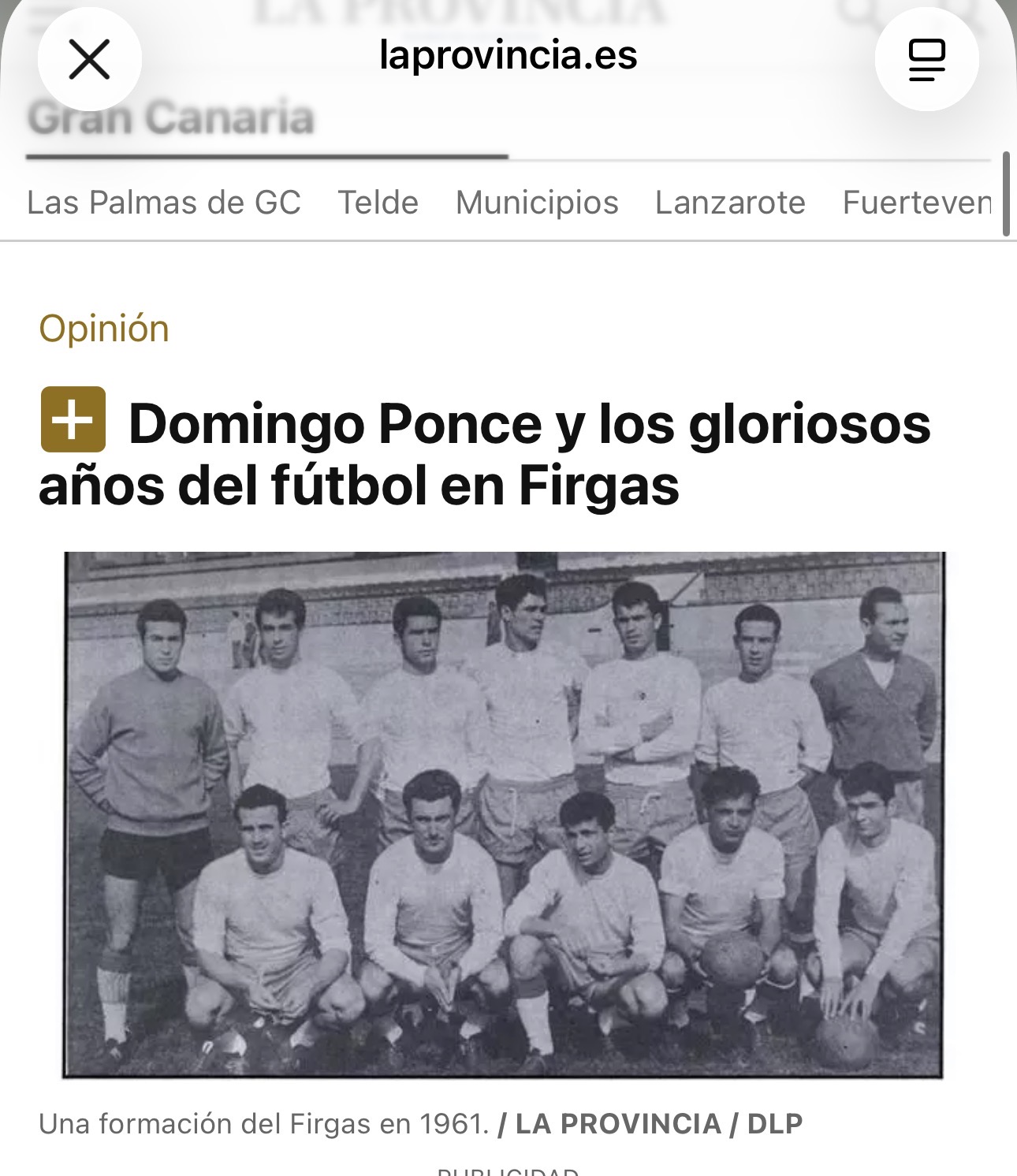 Formación del Firgas en 1961, fotografía histórica en blanco y negro